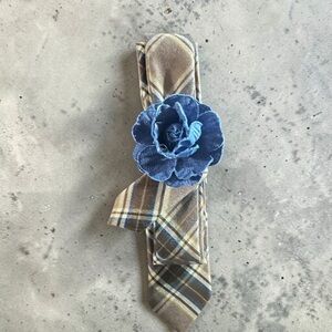 Plaid Brown & Blue Necktie with Blue Fabric Flower
